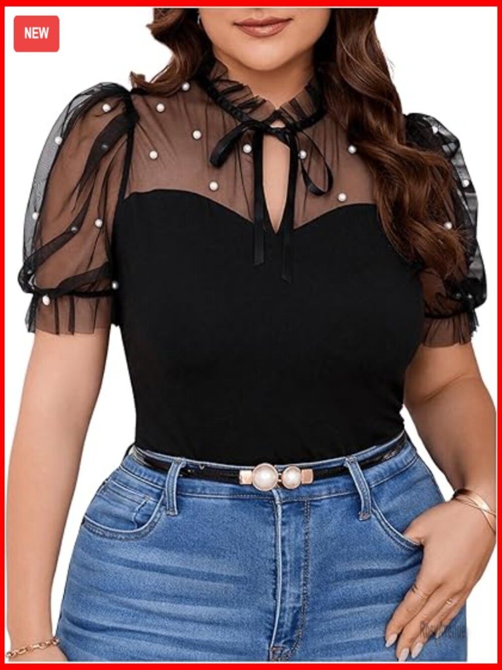 Plus Size Mesh Tie Neck Top Puff Short Sleeve Pearl Blouse